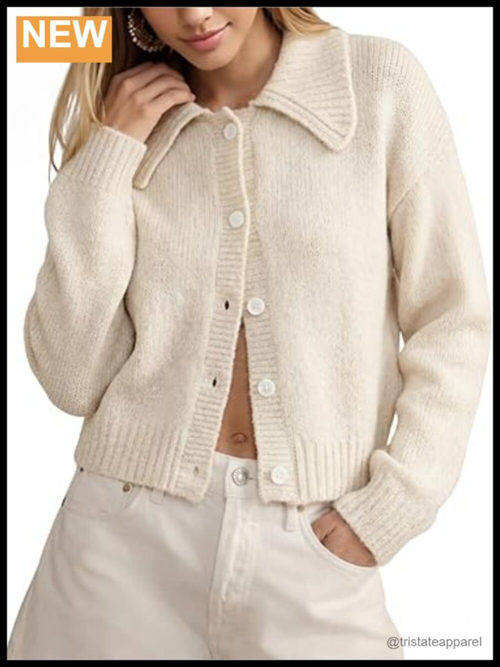 Cropped Collared Knit Cardigan Long Sleeve Button Up Sweater